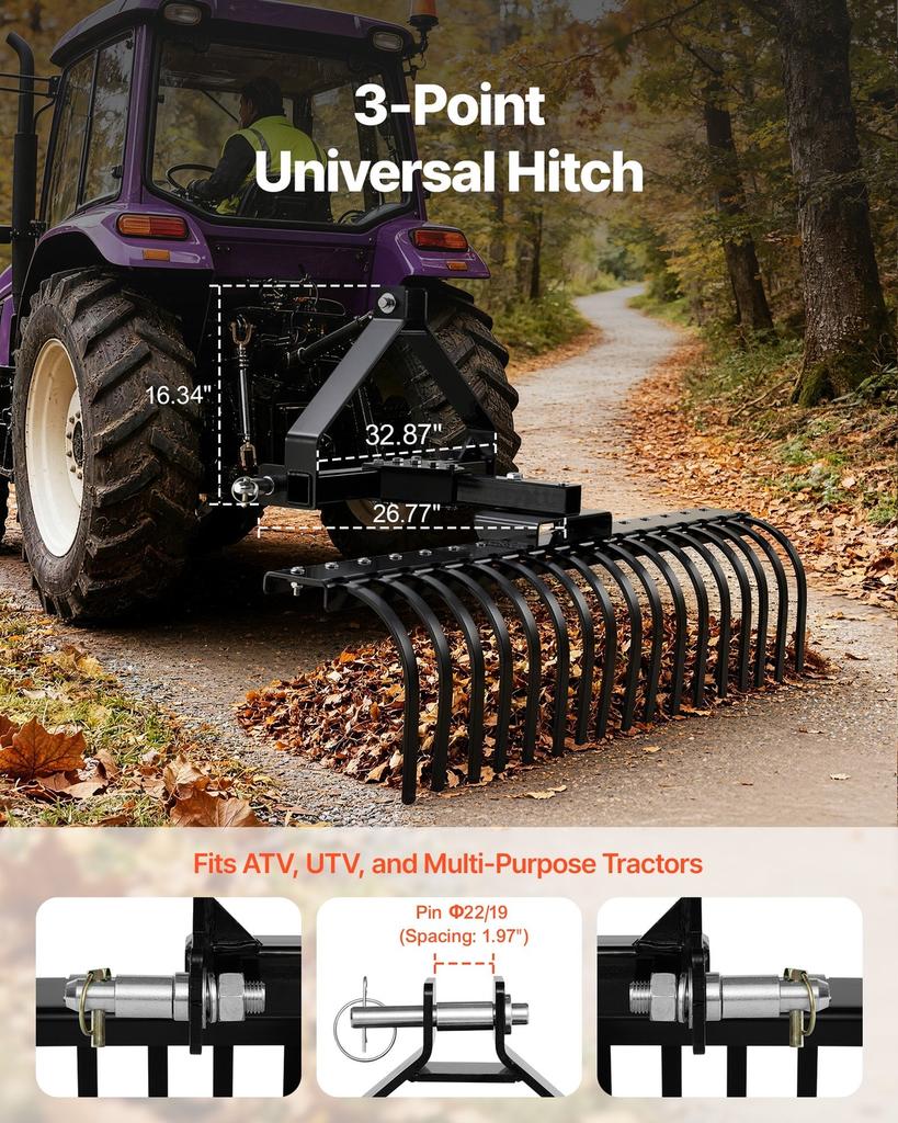 127 Cm Lanscape Rock Rake, 3-Point Tow Behind Landscape Rake with 17 Steel Tines, Fit Category 1 Tractors, Angle Adjustable, Heavy Duty Lawn