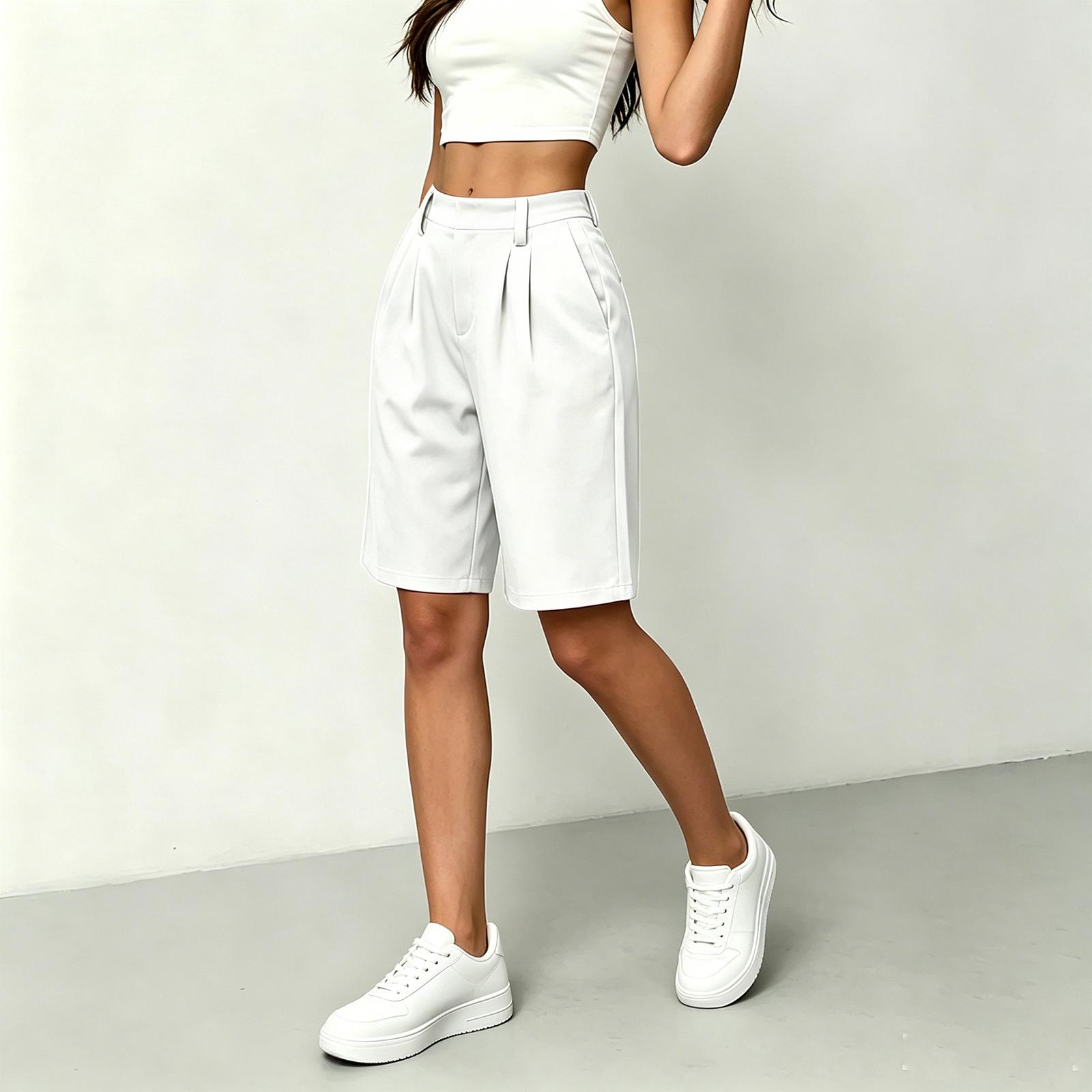 

High Waist Casual Shorts for Women Pleated Front Relaxed Fit Mid Length Shorts with Side Pockets Suitable for Everyday Wear XL білий