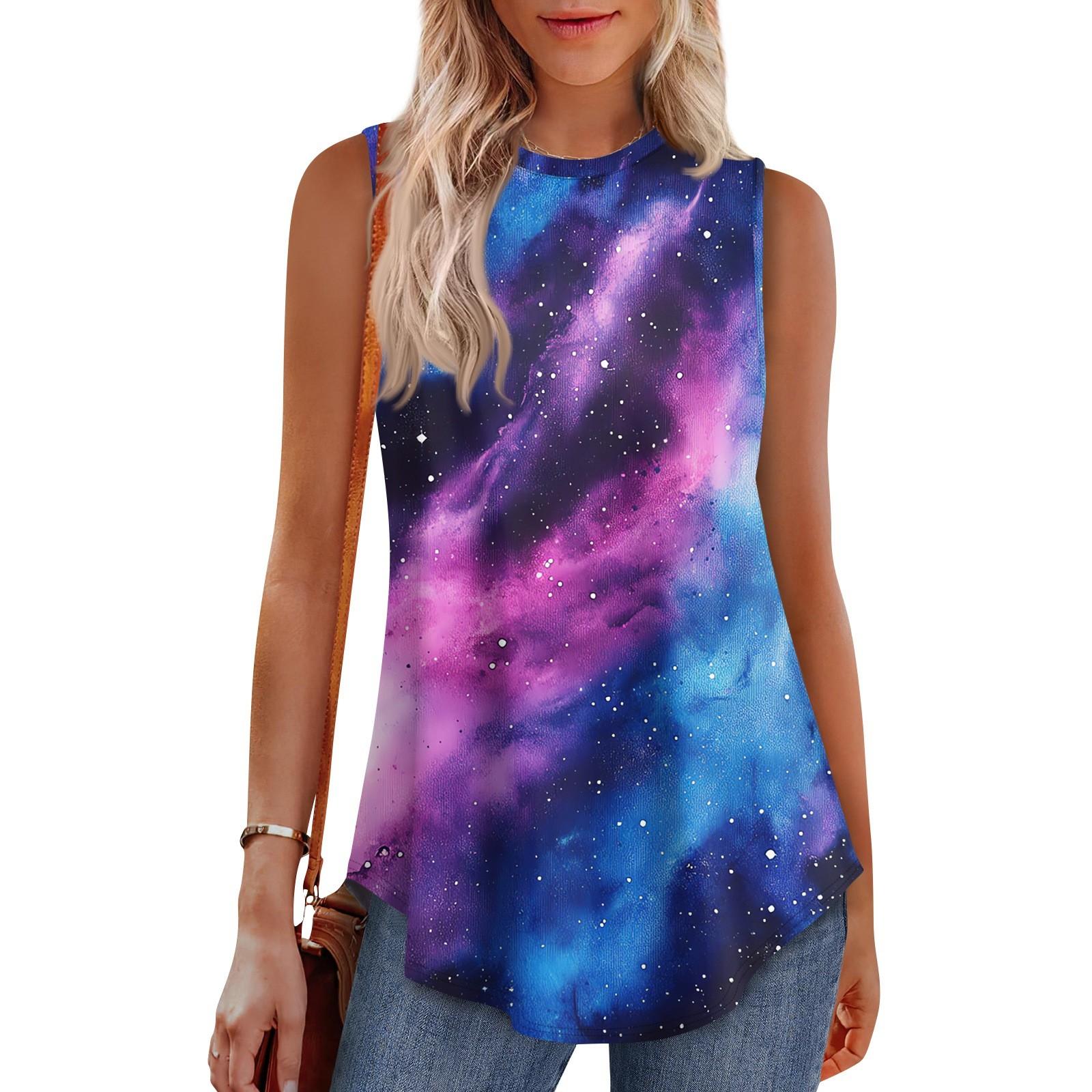 

Женская мода повседневный безрукавка жилет винтажный принт круглый вырез без рукавов топ XL синий