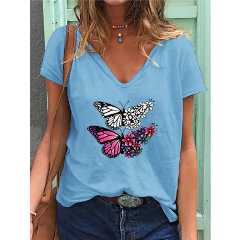 Mode Frühling Retro Schmetterlingsdruck Blusen Kurzärmelige V-Ausschnitt T-Shirts Lässig