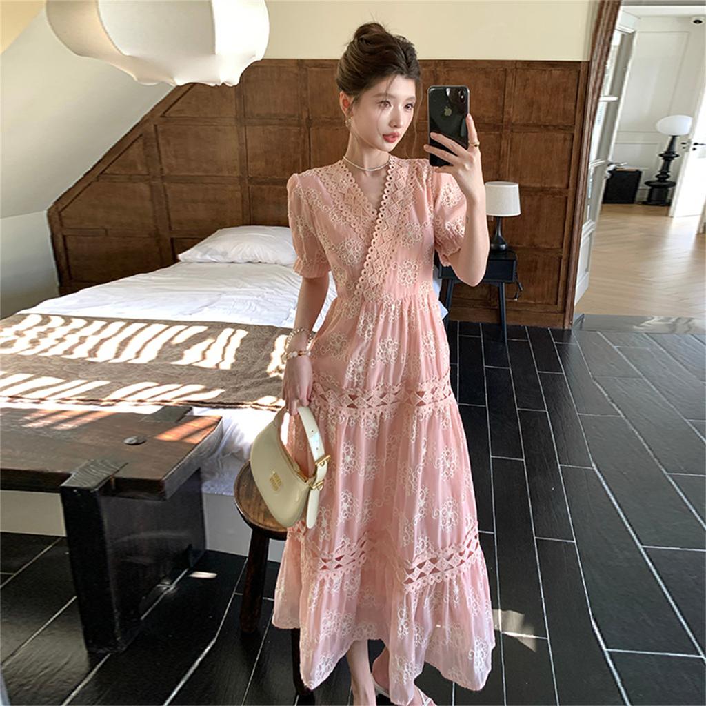 New Summer Fashionable Floral Embroidered Patchwork V-Neck Short-Sleeve Fitted Slimming Midi Dress Women's Holiday Vestidos