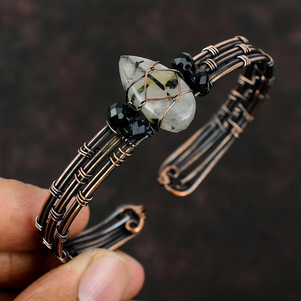 Black Rutile Copper Cuff Bracelet Black Onyx Beads Cuff Copper Wire Wrapped Jewelry Adjustable Bangle Gemstone Copper Cuff Handmade Bracelet
