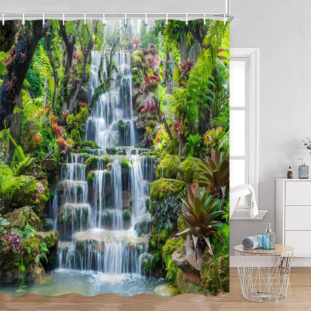 Waterfall Shower Curtains Natural Landscape Green Plants Forest Nature Greenery Home Decor for Bathroom Polyester Bath Curtain