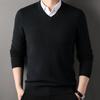 Suéter de otoño e invierno para hombre, cuello en V, tejido de color sólido, elástico, largo medio, estilo formal de negocios