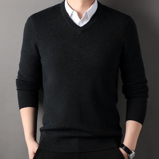 Suéter de otoño e invierno para hombre, cuello en V, tejido de color sólido, elástico, largo medio, estilo formal de negocios