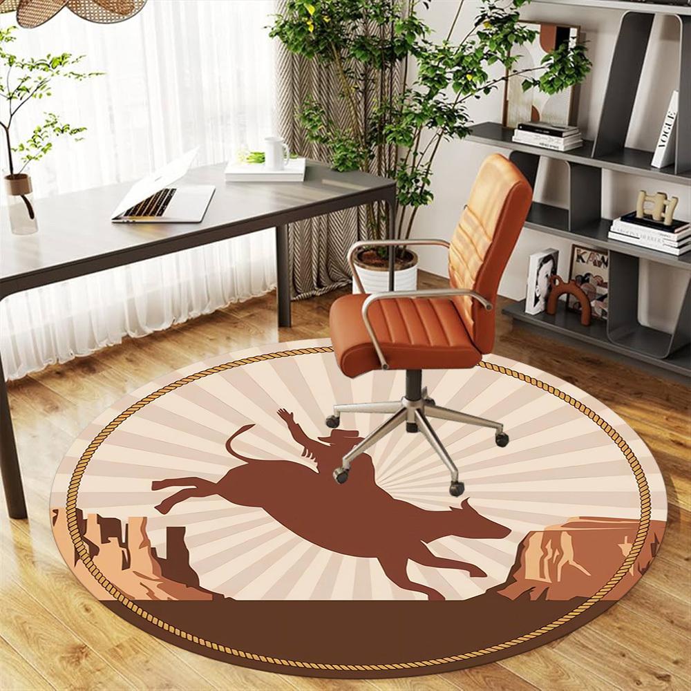 1pc Bull RidingRodeo Round Chair mat Area Rug - Non-Slip, Floor Mat for Office, Bedroom, home decor Christmas Gift p0811336