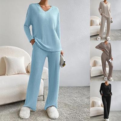 Autumn Winter 2 Pieces Women Sets Knitted Tracksuit V-neck Sweater and Straight Jogging Pants Suits