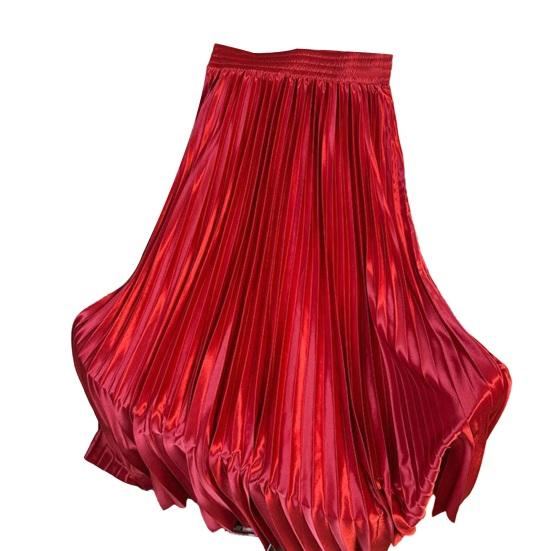 Maxi Skirt High Waist Glossy Long Skirt Solid Color Pleated Design Large Hem Dance Skirt Work Leisure Daily Wear