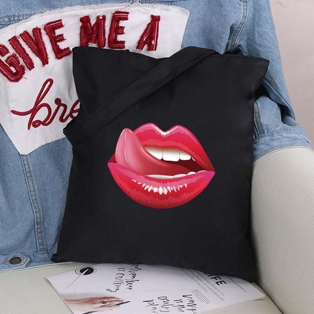 Sexy Lips Large Capacity Women Shopping Bags Shoulder Bag Fashion Black Printing Foldable Handbag Canvas Tote Bag