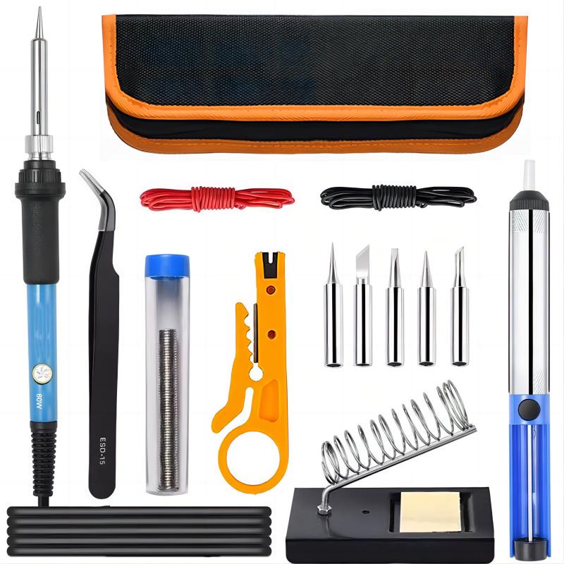 15-Piece Adjustable Soldering Kit with 60W Iron, 5 Tips, Desoldering Pump, Stand, and Tweezers