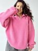 Trendy Pink Lambswool Stand-up Collar Sweatshirt - Loose Fit, Long Sleeve, Versatile for Autumn/Winter Fashion.