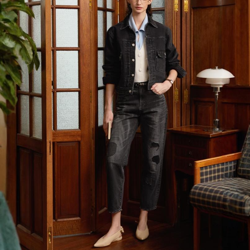 Levis Lapel Single-Breasted Short Fashion Versatile Long Sleeve Denim Jacket Women Jackets Black A5884-0002