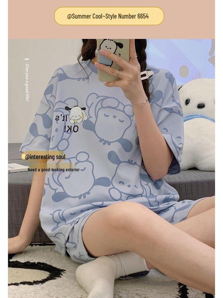 Damen 2024 Sommer Pyjama Set: Kurzärmeliges Oberteil mit Rundhalsausschnitt und lockerer Passform und Shorts