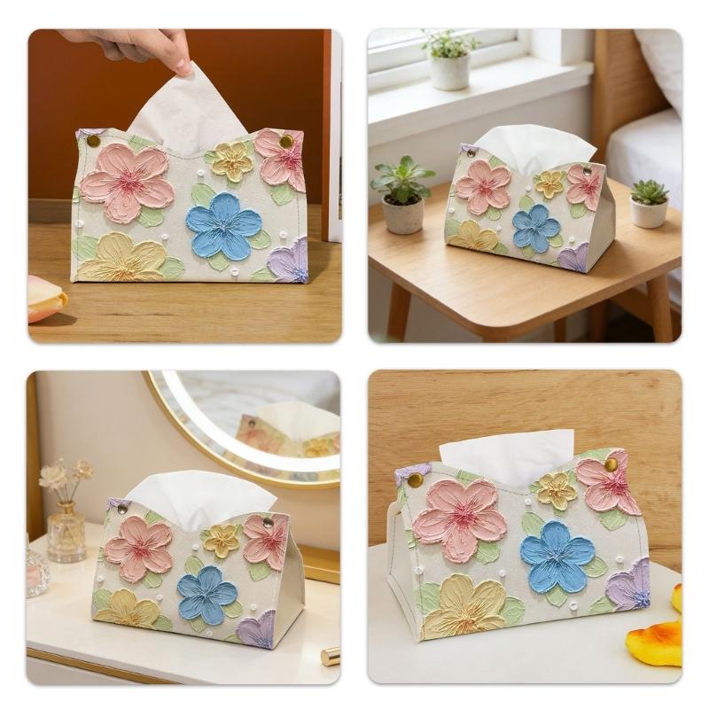 Artistic Colorful Flower Pattern Leather Tissue Holder Portable Napkin Dispenser Perfect For Home And Office Use