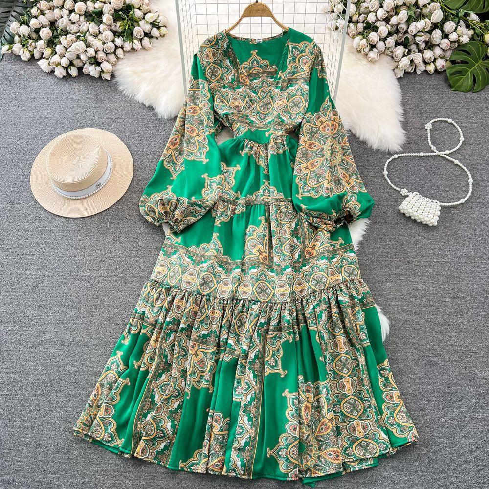 High-end Celebrity Temperament Lantern Long-sleeved V-neck Waist Thin A-word Printed Dress Elegant Pendulum Long Skirt
