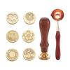1 Set of 6 Copper Heads Flower/Plant Pattern Gold Brass Seal Wax Stamp with Wooden Handle and Melting Spoon Sealing Wax Wedding Letter Invitation
