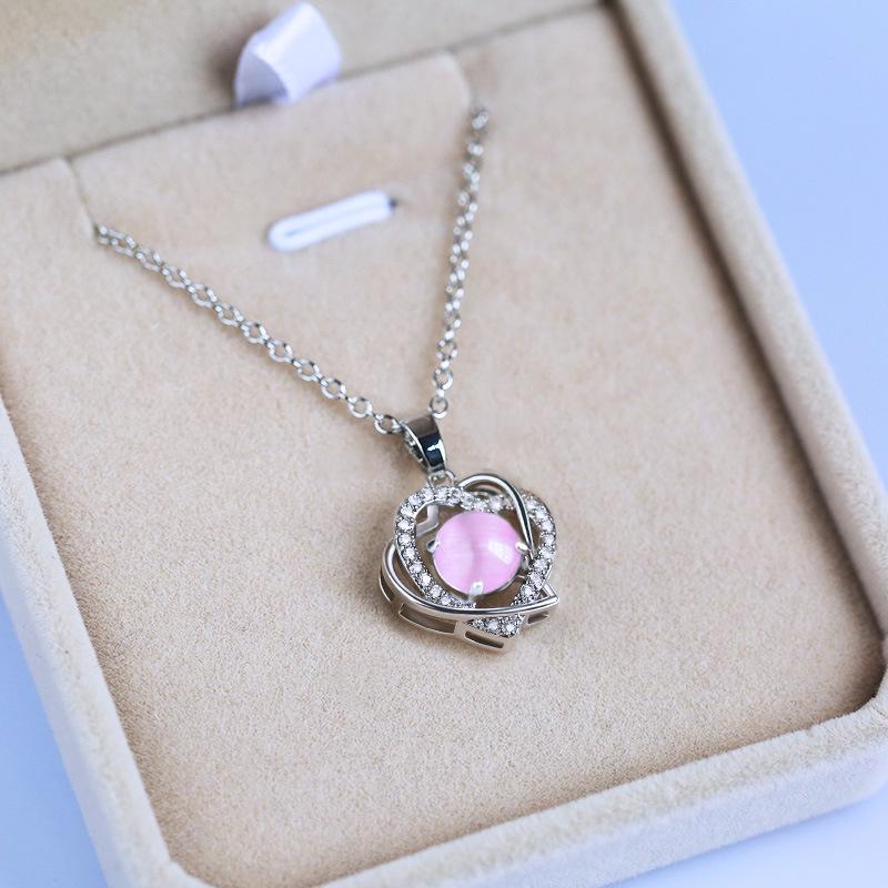 Silver Plated Cat's Eye Stone Double Heart Pendant Necklace, Sparkling CZ Halo Cable Chain Necklace for Women