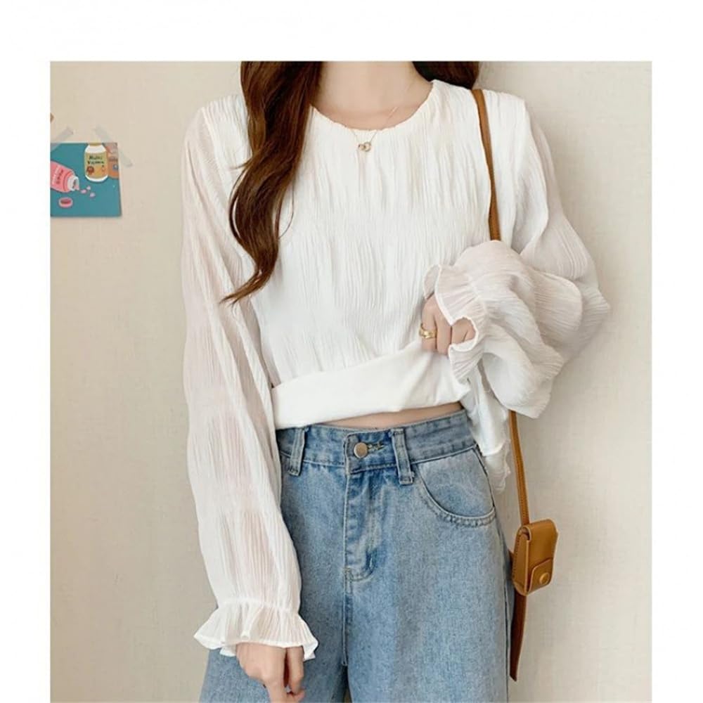 [SYitong] Shirt Blouse, Gathered Shirring Long Sleeve Chiffon Blouse, Lined, Sheer Sleeves, Lightweight Look, Frilled Shirt, Slimming Effect, Figure-F