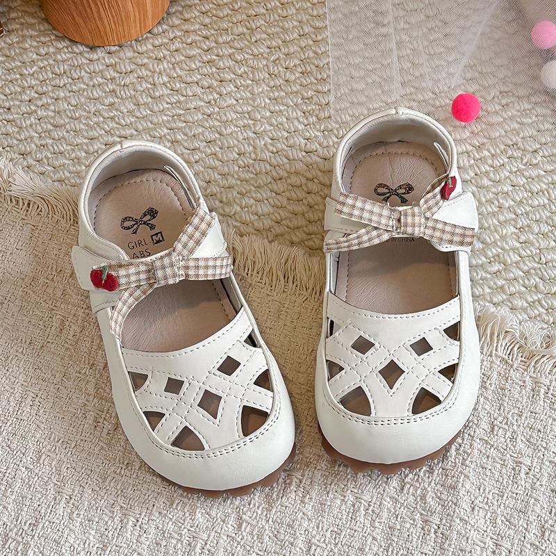 Girls  Solid Color Hollow Sandals2026Summer New Cute Plaid Bow Princess Sandals for Older Children 26Inner Length16cm бежевый