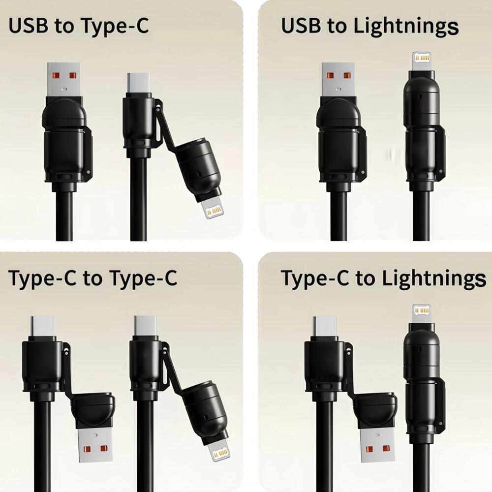 240W 4-in-1 Fast Charging Spring Data Cable Retractable Multi USB Type-C To Lightning Type-C for Phone Tablet
