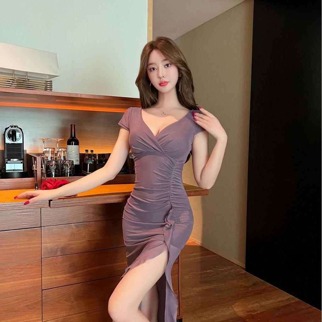 Elegant Polyester V Neck Dress With Slit For Office Wear Women Spring 2025