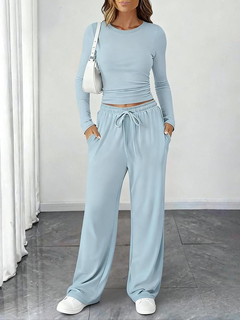 2025 European Cross-Border Spring/Autumn Solid Color Drawstring Waist Long Sleeve and Straight Leg Pants Casual Two-Piece Set