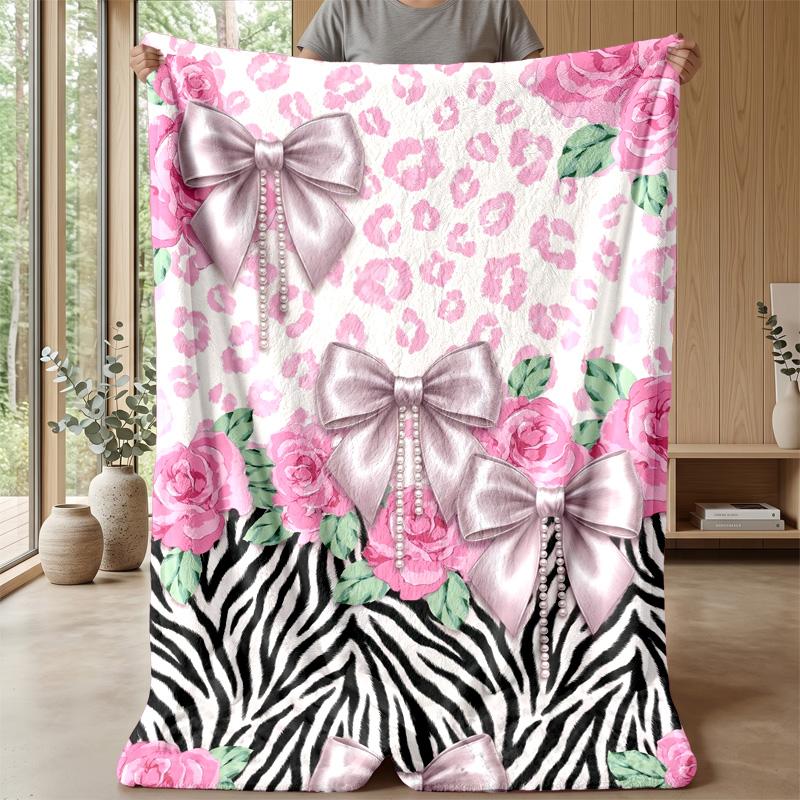 Pink Roses and Bows on Stripes Theme blanket Lightweight Warm Flannel Blanket Decorative Throw Blanket for Home Decoration