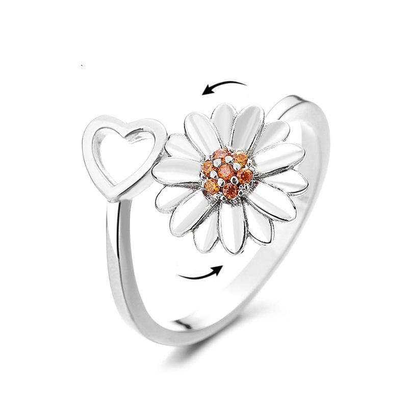 Sunflower Crystal Anxiety Relief Spinning Fidget Ring For Girls Rotate Freely Metal Copper Knuckle Ring Women'S Jewelry Gifts