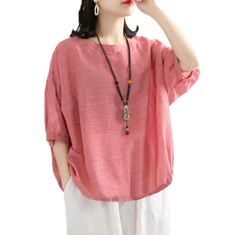 2025 Summer Plus Size Women's Loose Casual Solid Color Cotton-Linen Blend Short Sleeve T-Shirt