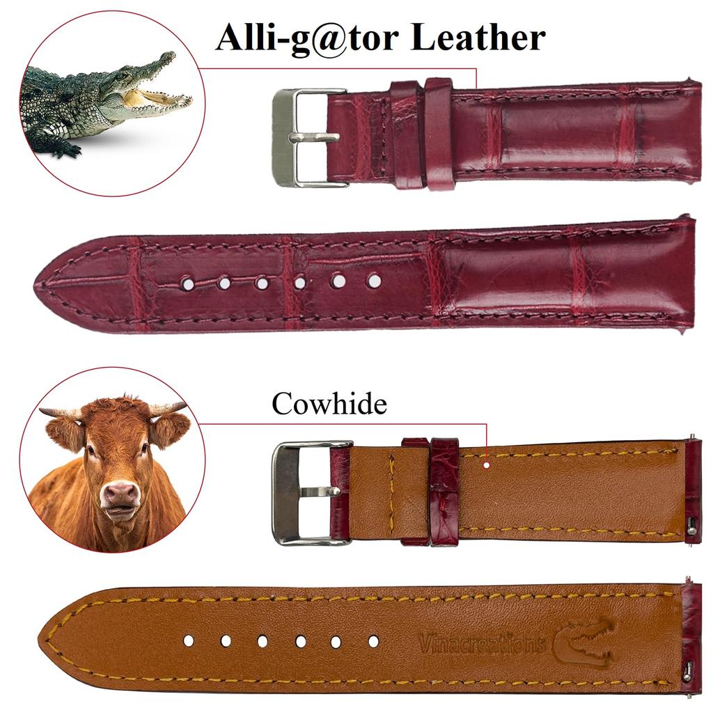 22mm Crocodile Watch Quick Replacement Crocodile Leather Watch Band with Wrist Handmade [vietnamcreations] Wine-colored Strap, Release, Buckle,