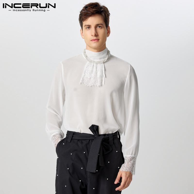 

INCERUN Men Lace Ruffled Neck Long Sleeve See Through Shirts Tops XL білий