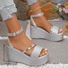 Women's Fashion Silver Platform Sandals 2025 Summer Thick Bottom Wedge Sandals for Woman Ankle Strap High Heel Sandalias Mujer