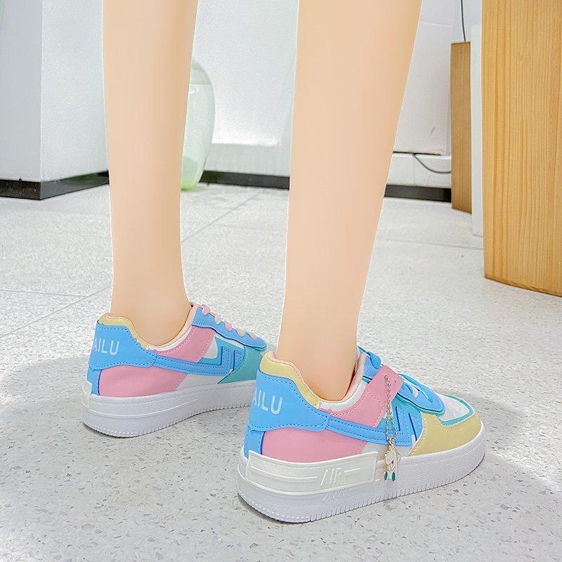 DOGHC Bílé a růžové sportovní boty pro ženy, Neformální obuv, Nízká platforma, Vulkanizované, Modrá barva