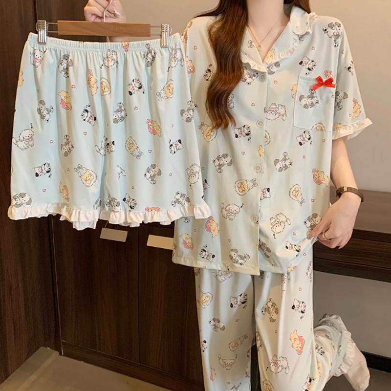 Cartoon Puppy Cute Fun Style Imitation Cotton Edge Pajamas Women's Summer Loungewear Short-sleeved Three-piece Set