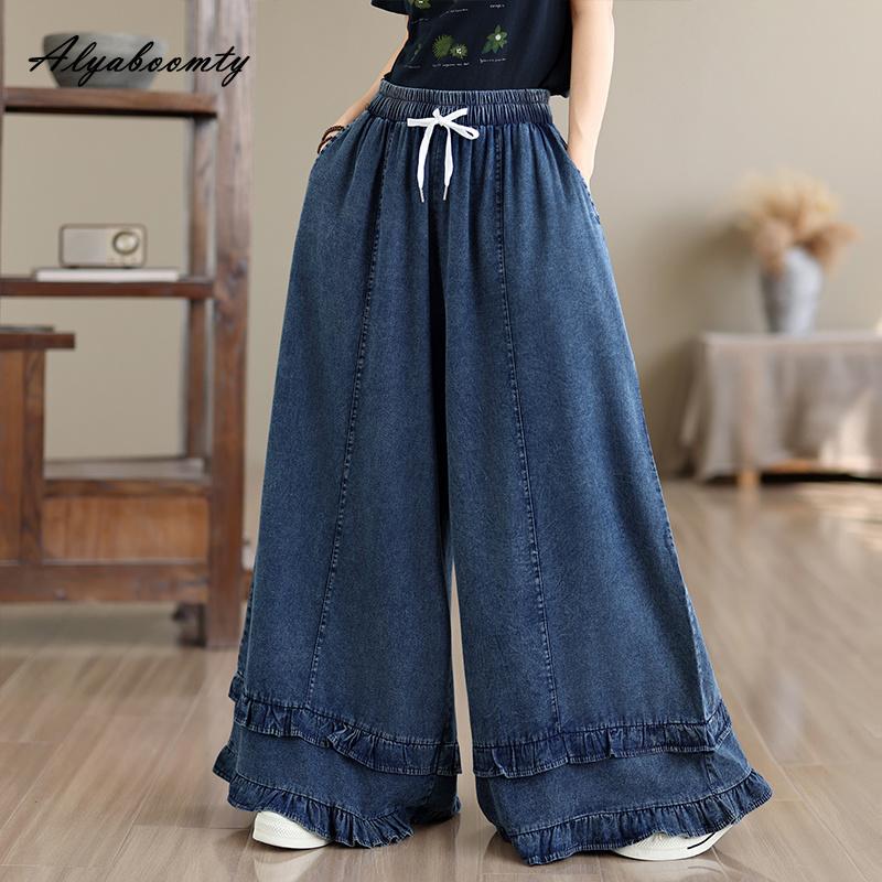 Plus Size Autumn Spring Women Wide Leg Jeans Elastic Waist Drawstring Blue Denim Trousers Layered Ruffles Casual Loose Oversized Jeans