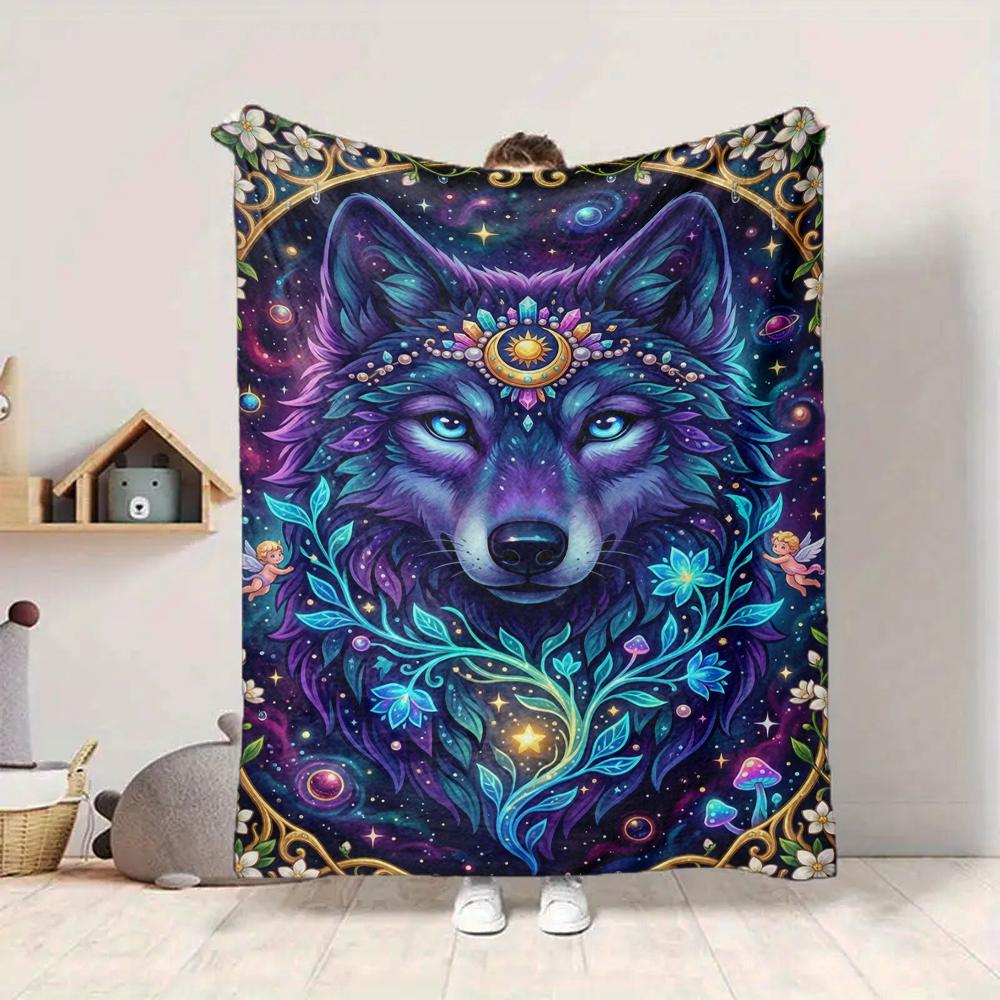 1Pc Wolf Spirit Fantasy Flannel Blanket, Soft And Comfortable, Casual Warm, Camping Travel, Christmas, Halloween Xmas Gift. G185
