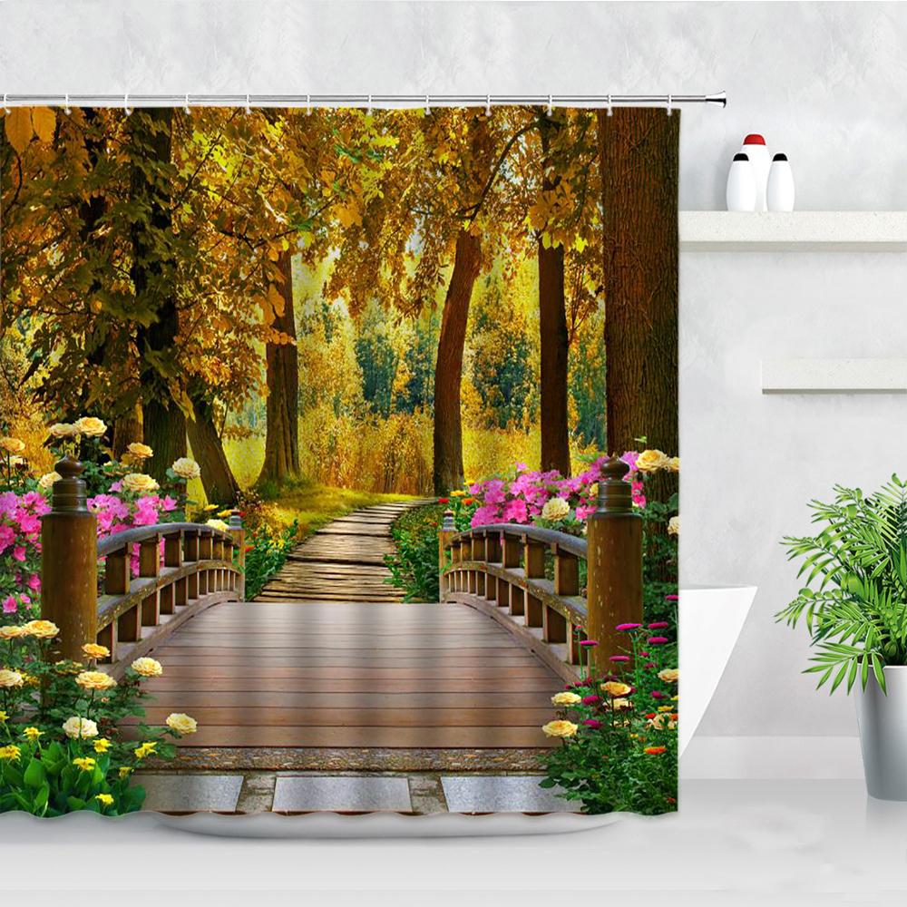 Fleurs Rouges Porte Grecque Bleue Avec Vue Sur Mer Sur Île Rideaux de Douche Tissu Imperméable Ensemble de Rideaux de Salle de Bain Décoration de Baignoire pour la Maison