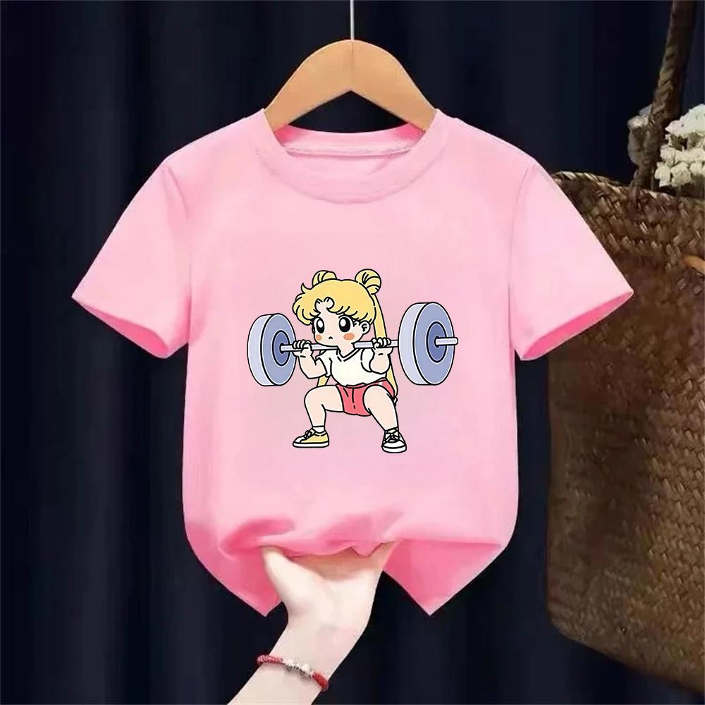 Sailor Moon Lifting Iron Fitness Kids TShirt Cotton Girl Children ParentChild Summer Cute Sweet Fun Short Sleeves Top