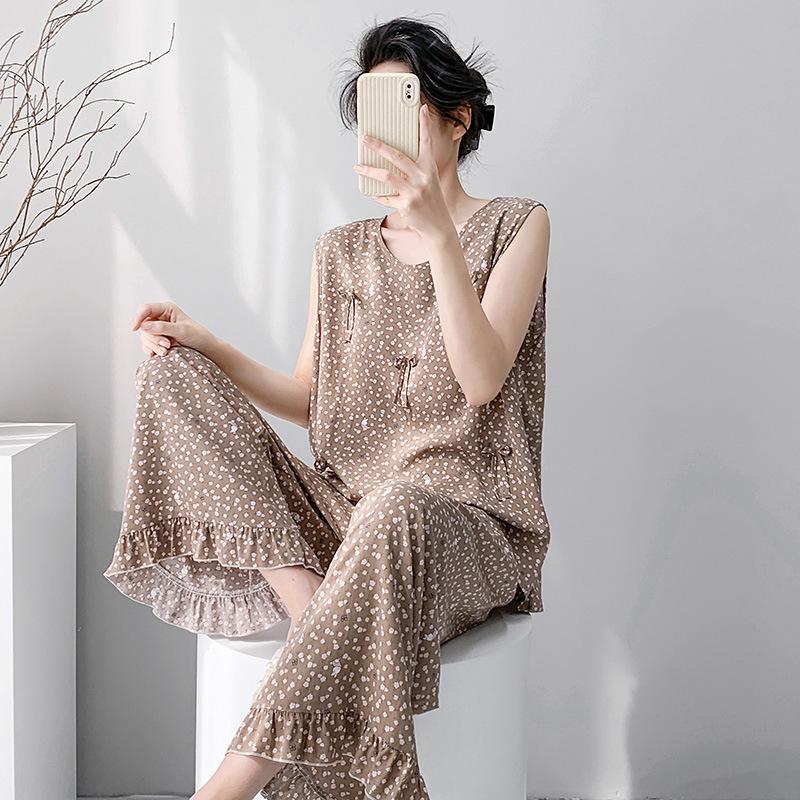Summer Crew Neck Sleeveless Vest Two-piece Set Cotton and Silk Pajamas Women's Summer Cotton Silk Women's Summer Suit Dress