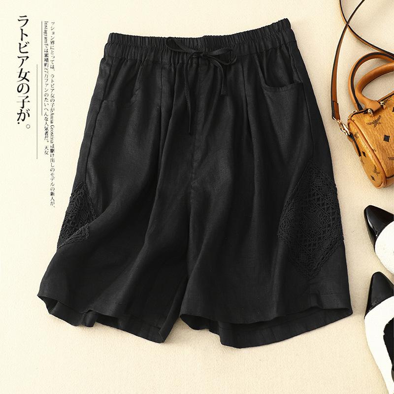 Реальное фото летние новые хлопковые и льняные повседневные брюки женские кружевные вставки широкие брюки большого размера тонкие шорты M чёрный