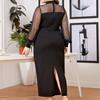 Mujer primavera otoño OL Commuter Panel de malla medio cuello alto transparente cadera vestido largo L-4XL