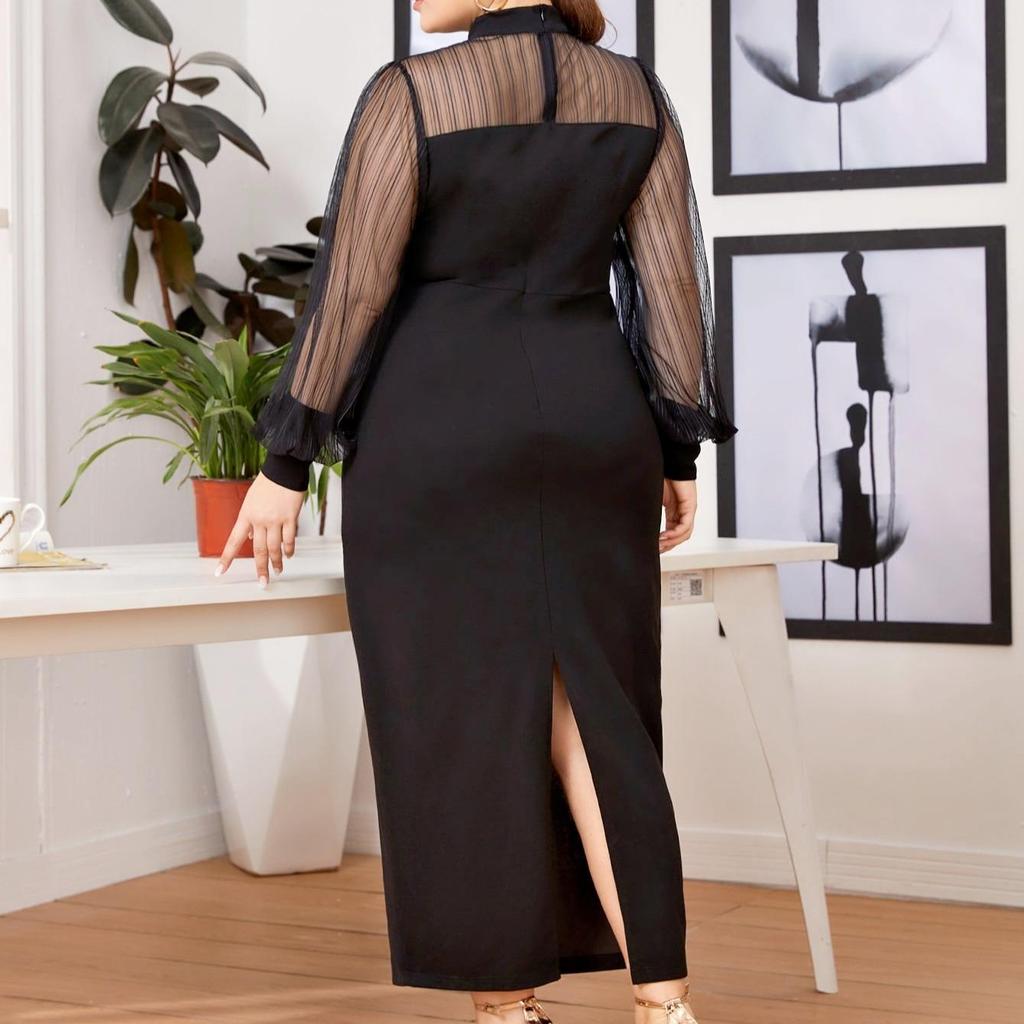 Mujer primavera otoño OL Commuter Panel de malla medio cuello alto transparente cadera vestido largo L-4XL