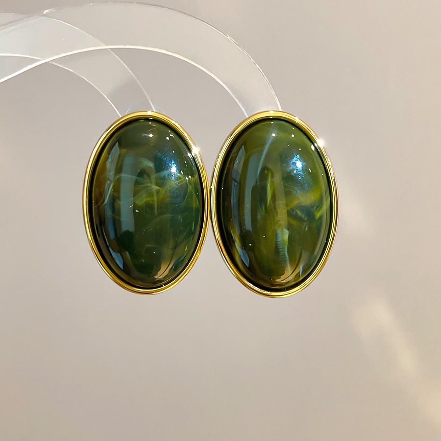 Retro Silver Needle Marbled Acrylic Oval Geometric Stud Earrings - Vintage Niche High-End Fashion Accessories for Women