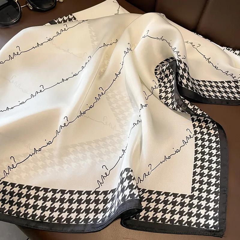Luxury Houndstooth Print Silk Square Scarf Women Soft Satin Head Hijab Hairband Neckerchief Headband Foulard Bag Ribbons Gift