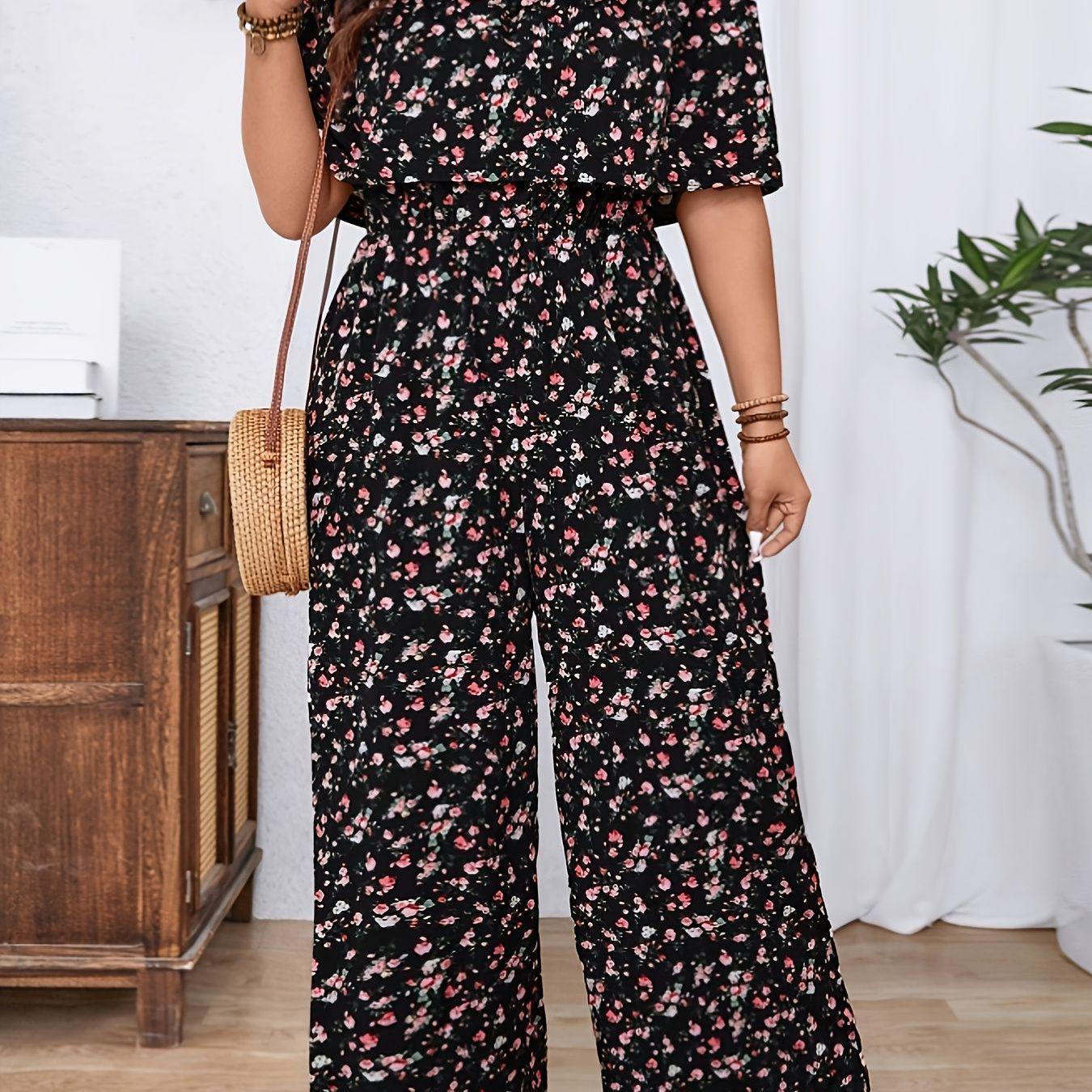 Plus Size Women s Floral Ruffle One-Shoulder Short Sleeve Jumpsuit for Spring/Summer 4XL
