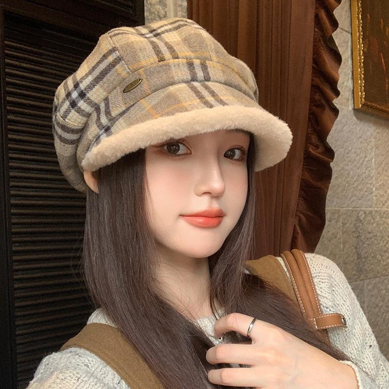 Sweet and Versatile Checked Bristled Beret for Women In Autumn and Winter Casual Plus Velvet Thickened Octagonal Hat Cold and Warm Painter Hat