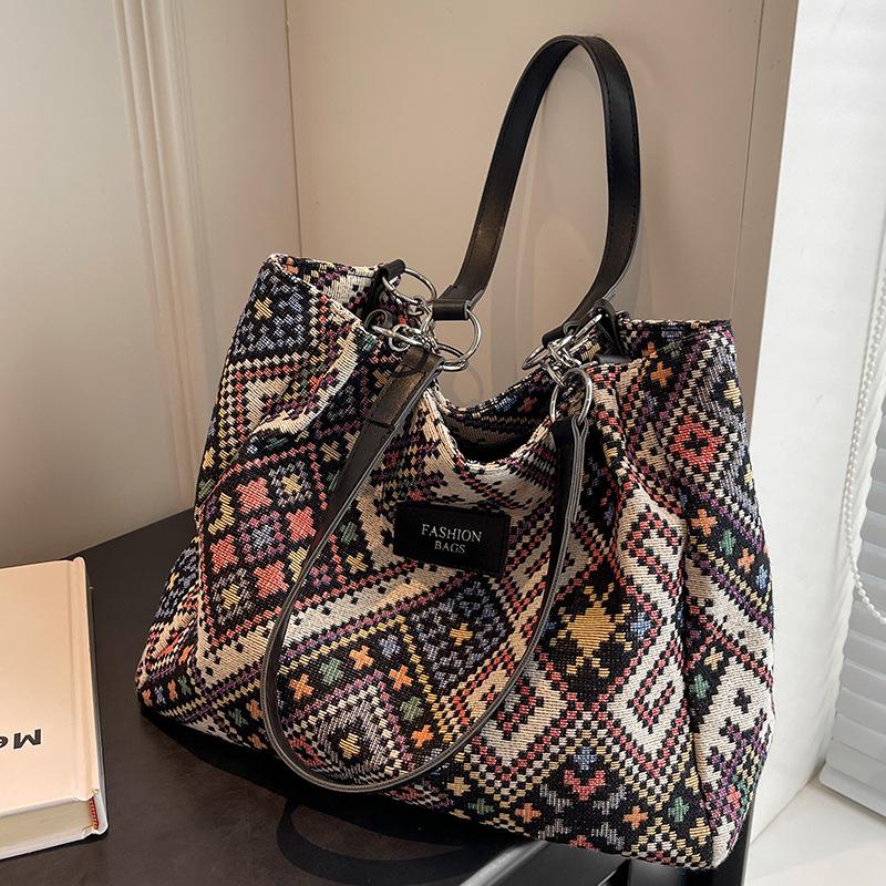 Women'S Canvas Shoulder Bags Eco Reusable Retro Ethnic Shopper Fashion Large Capacity Handbags Casual Simple Bag