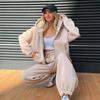 Womens Fall Casual Striped Hooded Cardigan Tracksuit Pants Set Sportswear