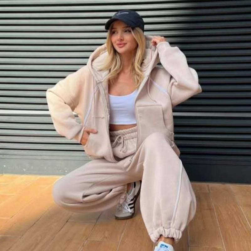 Womens Fall Casual Striped Hooded Cardigan Tracksuit Pants Set Sportswear