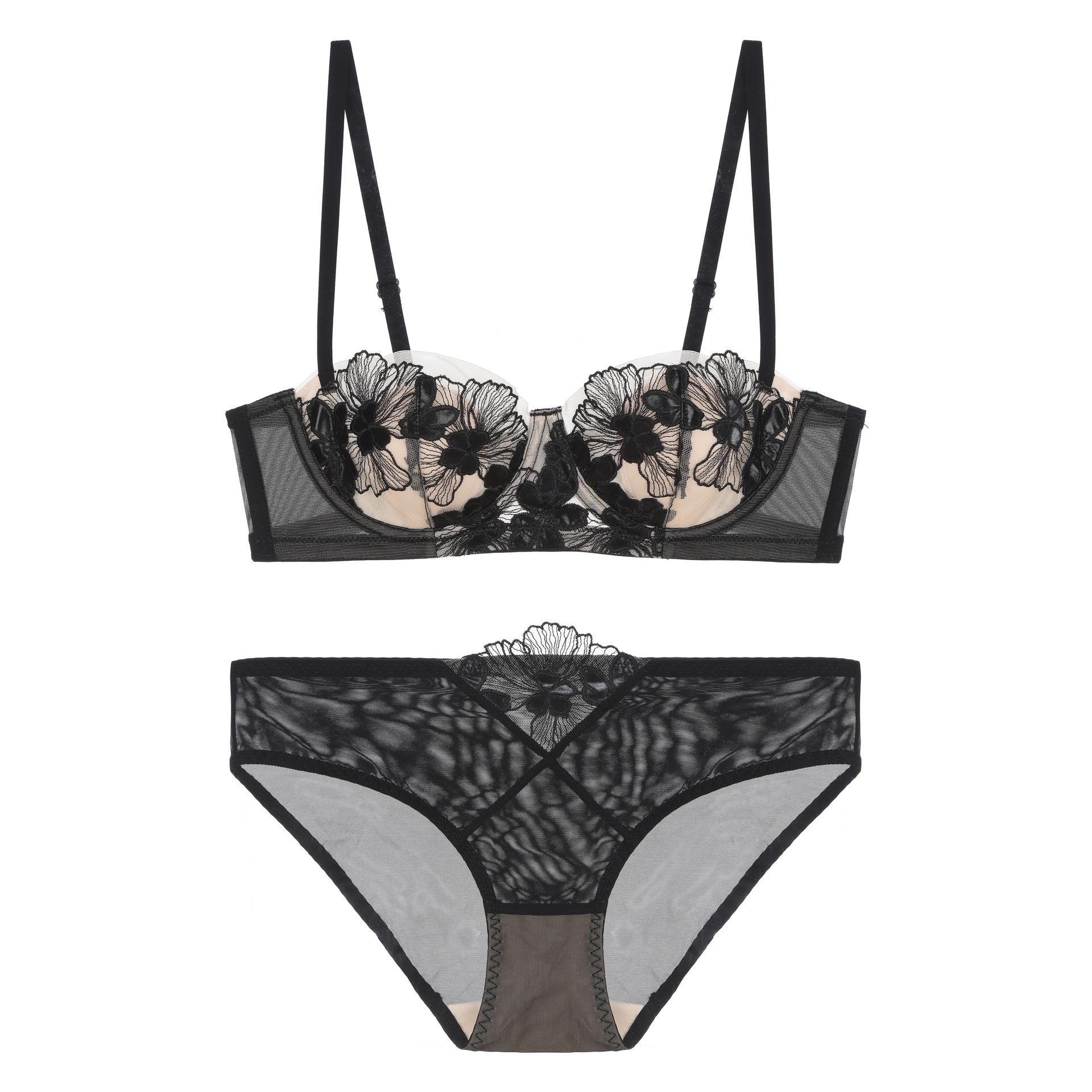 

Французский вышитый комплект бюстгальтера с кроличьими ушками: Поддержка и приподнимание с ультратонкими формованными чашками Bra-85B чёрный